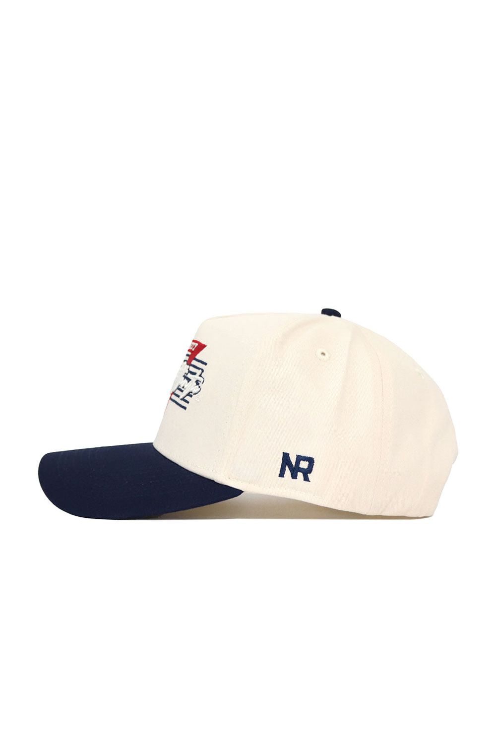 The No Rivals Florida Atlantic (FAU) Triangle Game Cap Hat is a white snapback with a navy blue brim, an embroidered red and navy FAU triangle design on the front, and NR initials stitched in navy on the side.