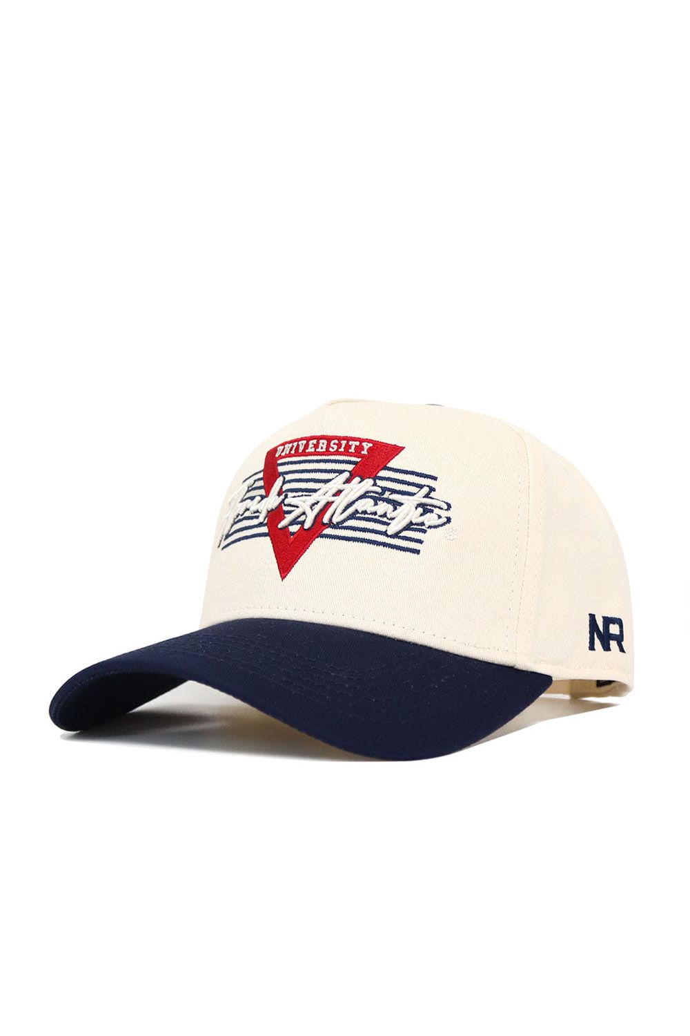 The No Rivals Florida Atlantic (FAU) Triangle Game Cap Hat features a structured fit, white crown, navy brim, red triangle, embroidered "UNIVERSITY" and "New Attitude" on the front, plus NR initials on the side for modern comfort and style.