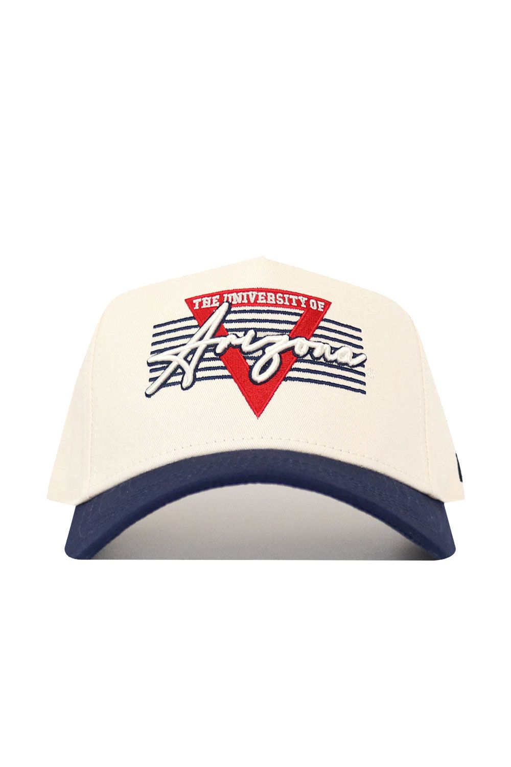 The No Rivals University of Arizona Triangle Game Cap Hat features a structured fit, white crown, navy brim, high-quality cotton, "The University of Arizona" text, and a red triangle with blue stripes on the front.