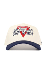 The No Rivals University of Arizona Triangle Game Cap Hat features a structured fit, white crown, navy brim, high-quality cotton, "The University of Arizona" text, and a red triangle with blue stripes on the front.