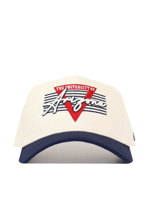The No Rivals University of Arizona Triangle Game Cap Hat features a structured fit, white crown, navy brim, high-quality cotton, "The University of Arizona" text, and a red triangle with blue stripes on the front.