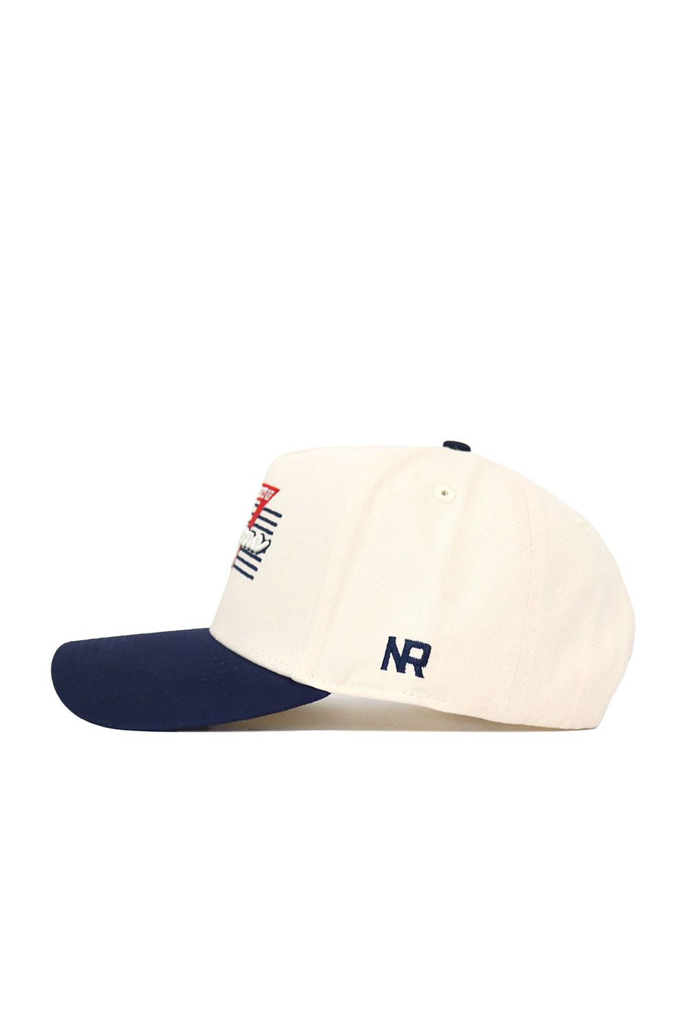 The No Rivals University of Arizona Triangle Game Cap Hat is crafted from high quality cotton with a white crown, navy blue bill, red, white, and blue embroidered front design, and NR initials stitched in navy on the side.