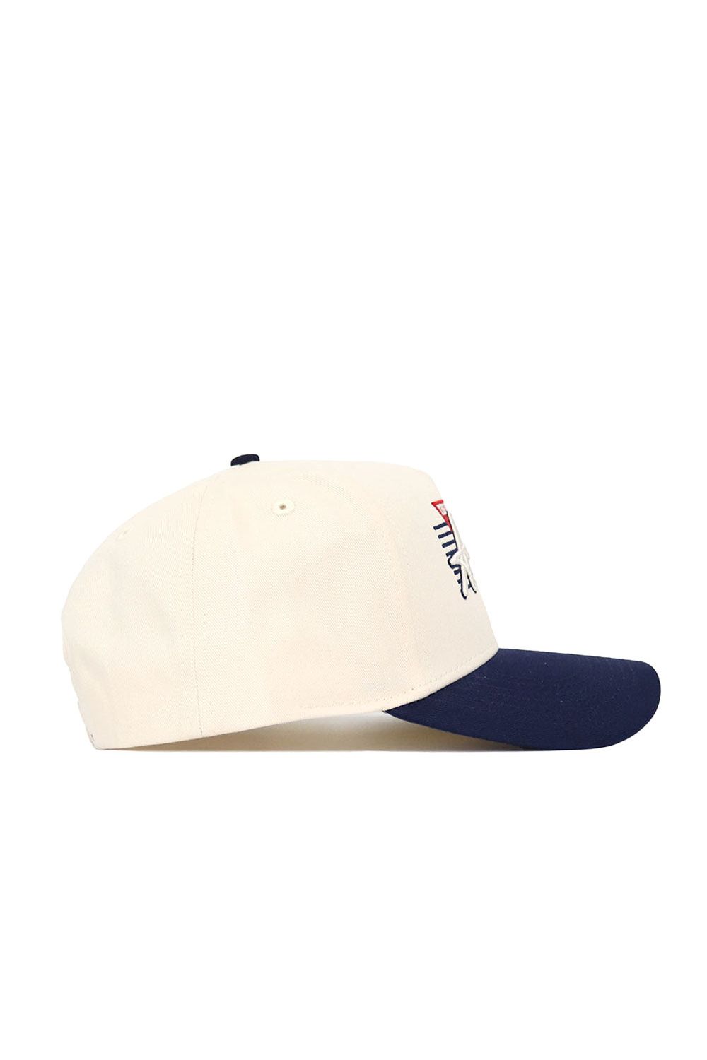 The No Rivals University of Arizona Triangle Game Cap Hat features a cream color with a navy blue brim. Shown from the side on a white background, its structured fit and embroidered design highlight quality cotton construction.