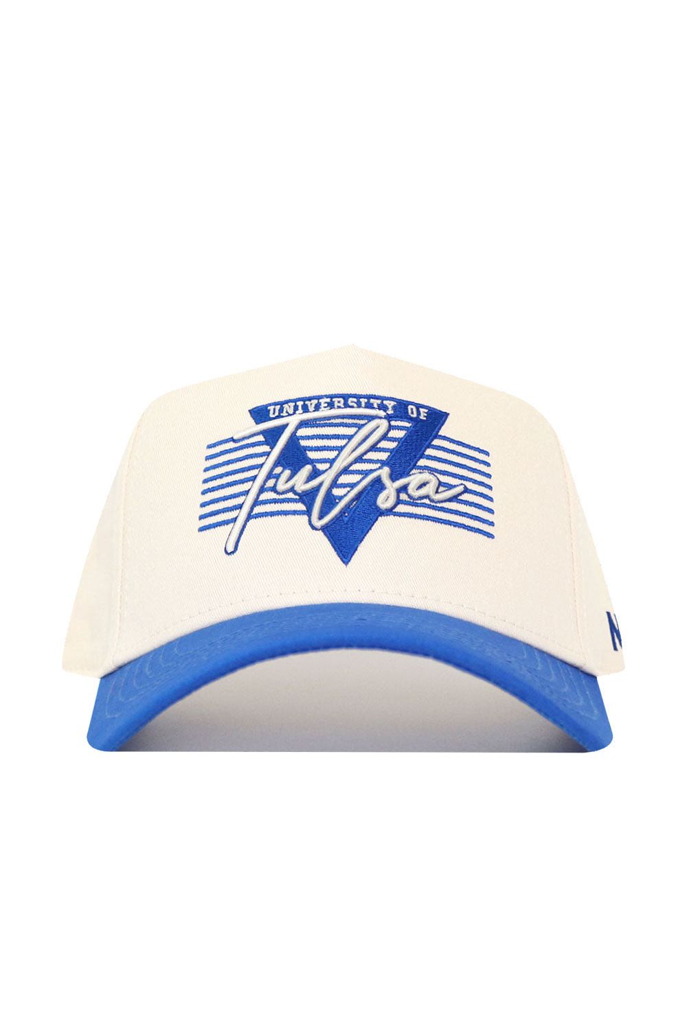 The No Rivals Tulsa Triangle Game Cap Hat is a white structured snapback with a blue brim and features a blue and white University of Tulsa logo and script on the front. It’s officially licensed for authentic collegiate style.