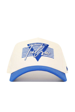 The No Rivals Tulsa Triangle Game Cap Hat is a white structured snapback with a blue brim and features a blue and white University of Tulsa logo and script on the front. It’s officially licensed for authentic collegiate style.
