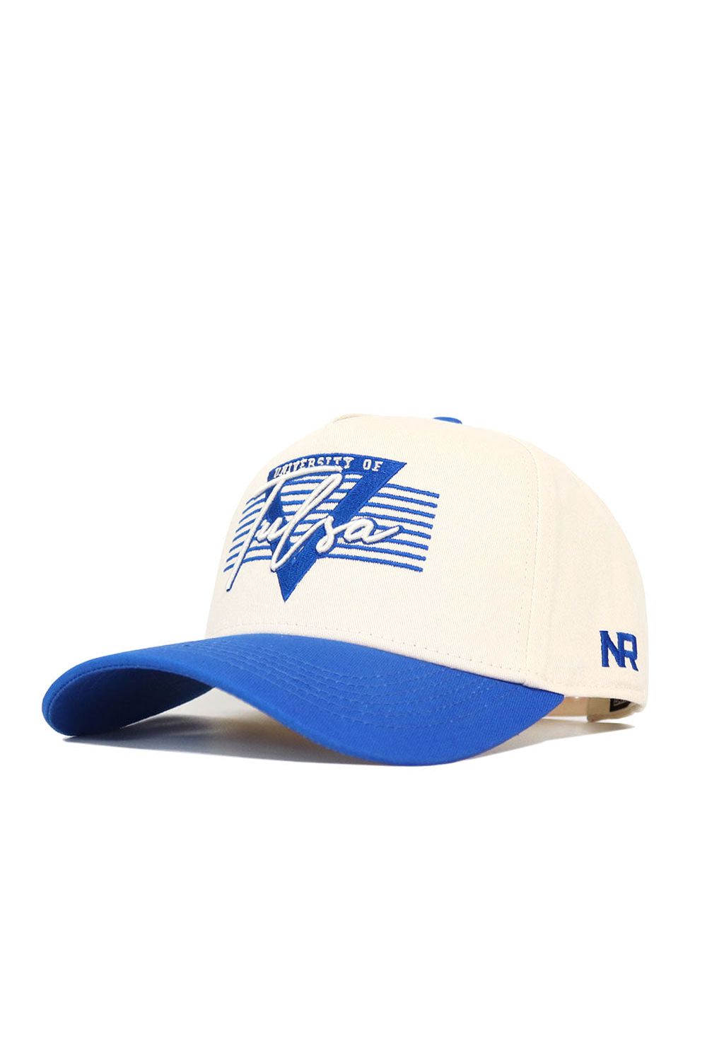 The No Rivals Tulsa Triangle Game Cap Hat features a cream color with a blue brim, accents, and NR embroidery. The front displays "University of Tulsa" over a blue geometric design. Officially Licensed for school spirit!.