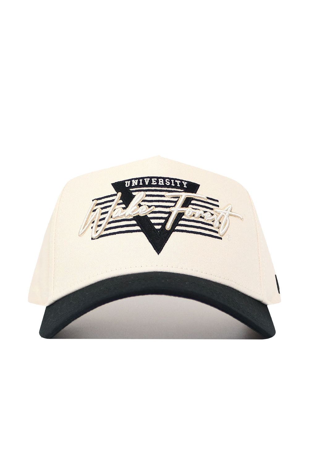 The No Rivals Wake Forest Triangle Game Cap Hat is cream-colored with a black brim, made of high-quality cotton, and features "Wake Forest University" embroidered in black and white over a triangle with horizontal stripes.