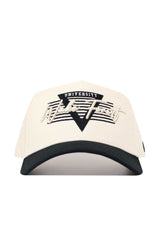 The No Rivals Wake Forest Triangle Game Cap Hat is cream-colored with a black brim, made of high-quality cotton, and features "Wake Forest University" embroidered in black and white over a triangle with horizontal stripes.
