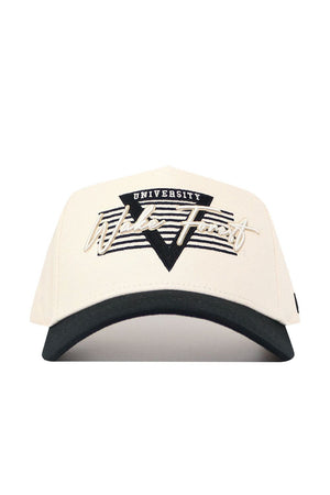 The No Rivals Wake Forest Triangle Game Cap Hat is cream-colored with a black brim, made of high-quality cotton, and features "Wake Forest University" embroidered in black and white over a triangle with horizontal stripes.