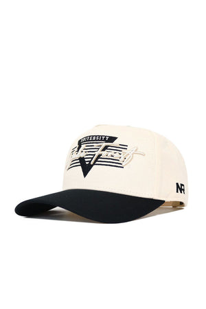 The No Rivals Wake Forest Triangle Game Cap Hat is a cream snapback with a black brim, UNIVERSITY VICTORY embroidered in black and white on the front, an NF logo on the side, and high-quality cotton for a structured, comfortable fit.