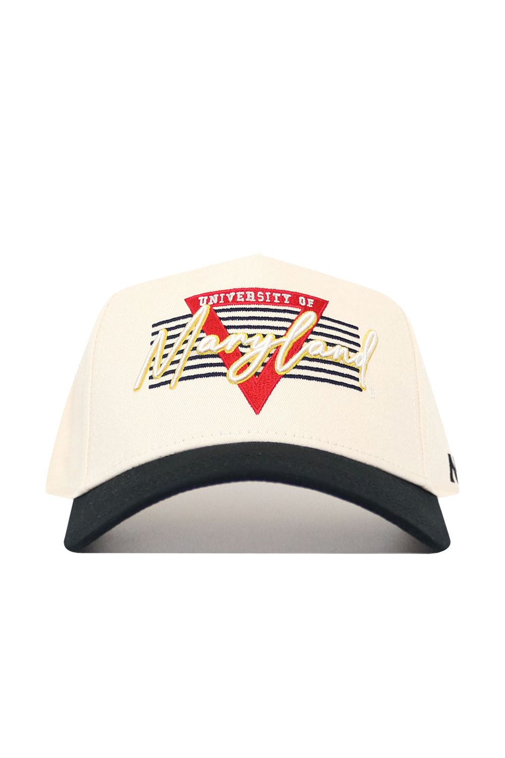 The No Rivals University of Maryland Triangle Game Cap Hat features a cream crown, black brim, red triangle graphic, multicolor text above black stripes, and a structured snap back design for all-day comfort.