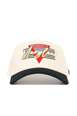 The No Rivals University of Maryland Triangle Game Cap Hat features a cream crown, black brim, red triangle graphic, multicolor text above black stripes, and a structured snap back design for all-day comfort.