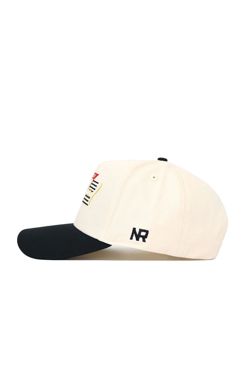 The No Rivals University of Maryland Triangle Game Cap Hat is a cream baseball cap with a black brim, multicolored embroidered front design, and "NR" stitched in black on the side. This snapback offers a structured, comfortable fit.