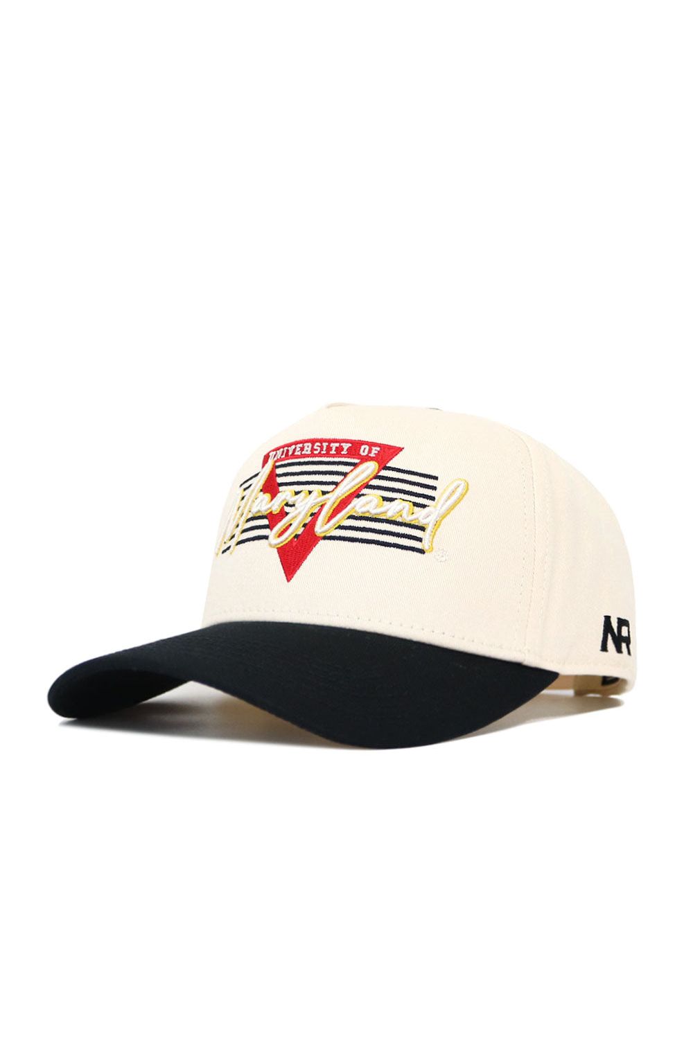 The No Rivals University of Maryland Triangle Game Cap Hat features a cream structured fit, black brim, red/yellow/black "University of Maryland" text and red triangle on the front, NR letters on the side, and an officially licensed snap back closure.