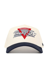 The No Rivals Fresno State Triangle Game Cap Hat is a white, officially licensed baseball cap with a navy blue brim, red triangle, "UNIVERSITY" and "From Start" embroidery, and blue stripes on the front.