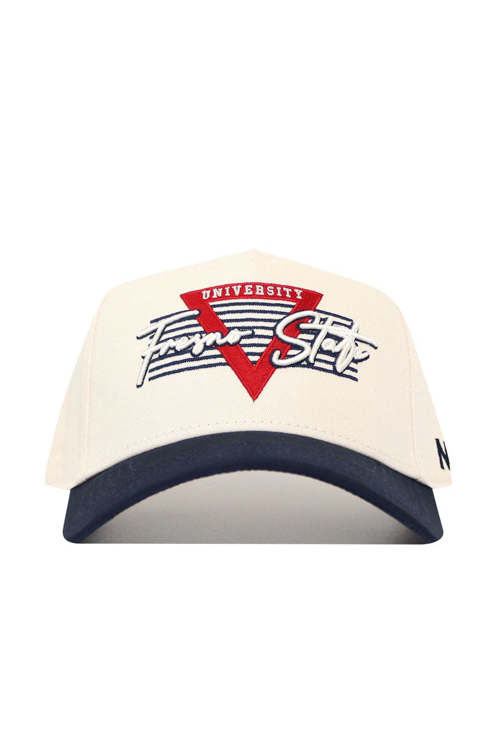 The No Rivals Fresno State Triangle Game Cap Hat is a white, officially licensed baseball cap with a navy blue brim, red triangle, "UNIVERSITY" and "From Start" embroidery, and blue stripes on the front.