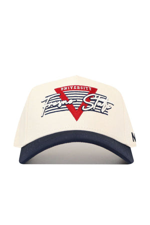 The No Rivals Fresno State Triangle Game Cap Hat is a white, officially licensed baseball cap with a navy blue brim, red triangle, "UNIVERSITY" and "From Start" embroidery, and blue stripes on the front.