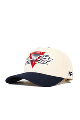 The No Rivals Fresno State Triangle Game Cap Hat features a cream structured fit, navy brim, red embroidered triangle front, "University" over "Team Spirit," and NR on the side. This snapback is both stylish and comfortable.