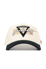 The No Rivals Vanderbilt Triangle Game Cap Hat is a cream and black structured snapback with Vanderbilt University and a large "V" embroidered on the front in black and white. Officially licensed.
