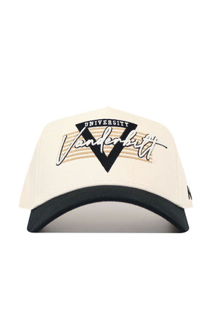 The No Rivals Vanderbilt Triangle Game Cap Hat is a cream and black structured snapback with Vanderbilt University and a large "V" embroidered on the front in black and white. Officially licensed.