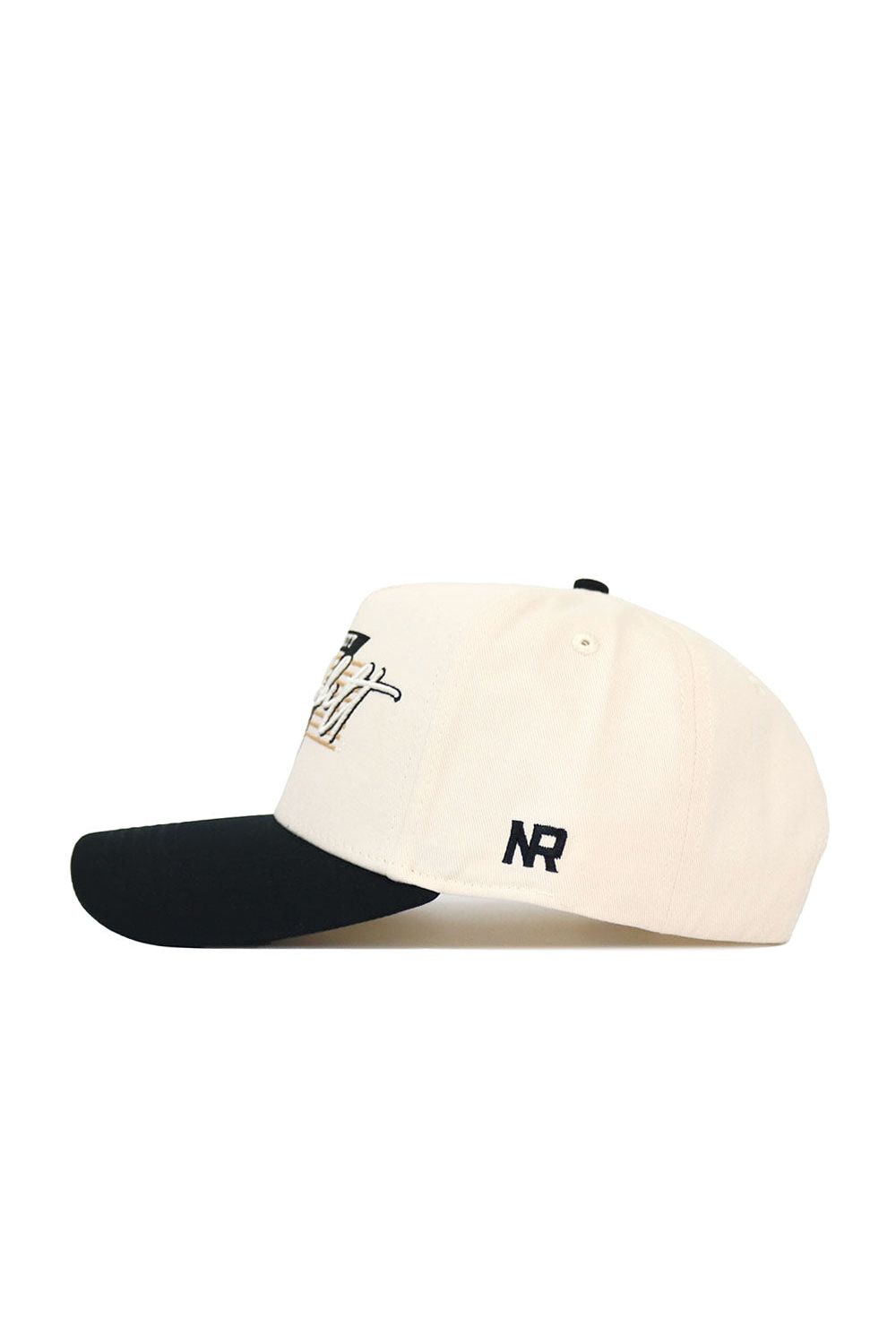 The Vanderbilt Triangle Game Cap Hat by No Rivals features cream fabric, a black brim, embroidered front text, and NR initials on the side. This officially licensed cap delivers a structured fit for comfort and style.