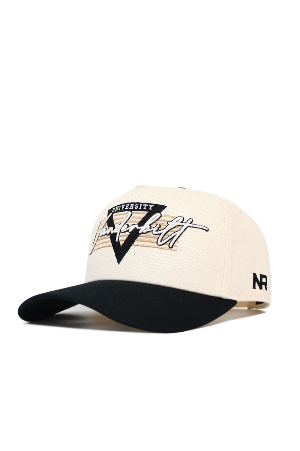 The Vanderbilt Triangle Game Cap Hat by No Rivals is an official cream cap with a black bill, “Vanderbilt University” and a large black V embroidered on front, NR stitched on the side, and an adjustable snap back closure.