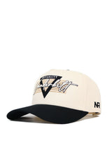 The Vanderbilt Triangle Game Cap Hat by No Rivals is an official cream cap with a black bill, “Vanderbilt University” and a large black V embroidered on front, NR stitched on the side, and an adjustable snap back closure.