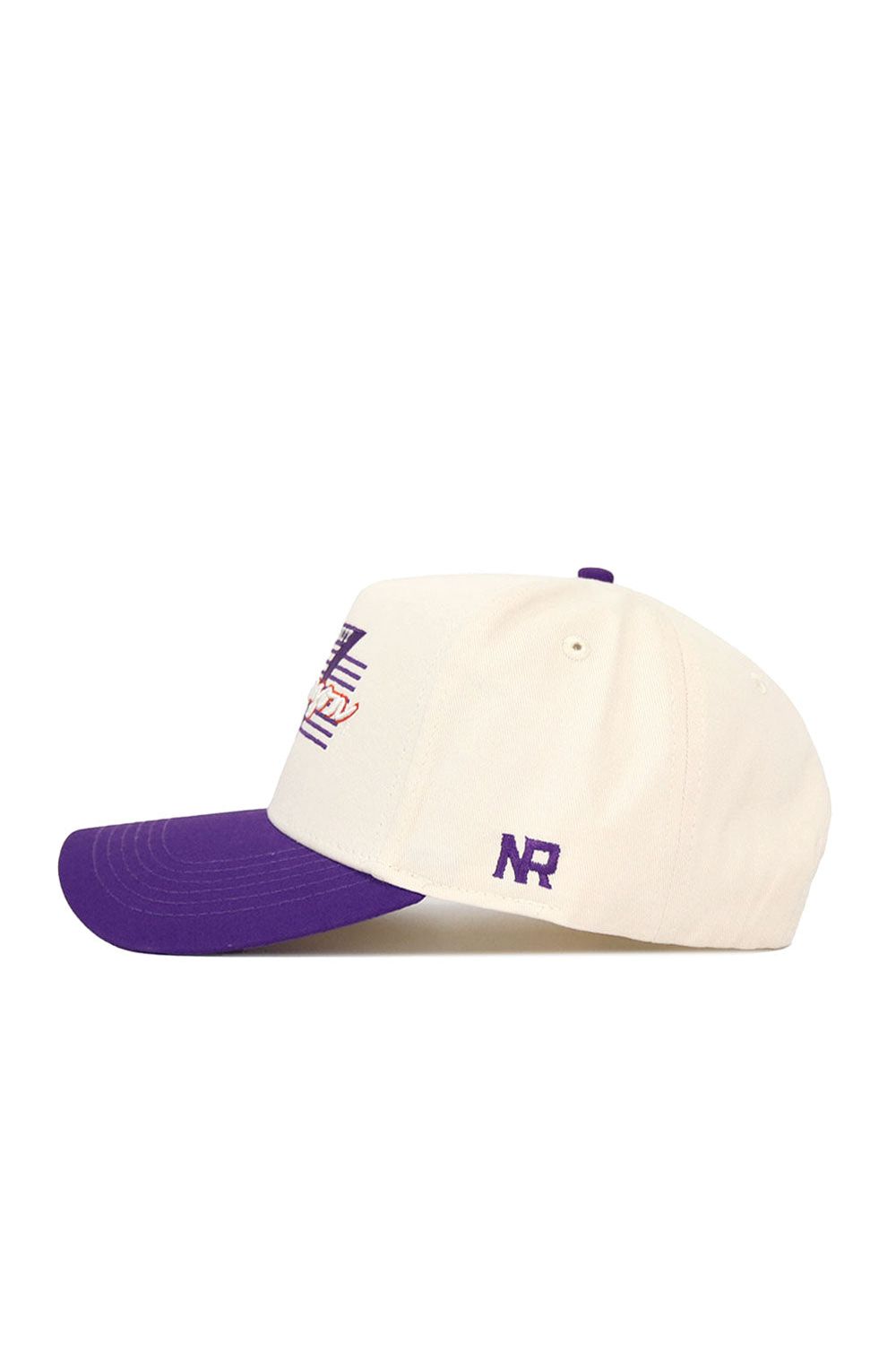 The Clemson Triangle Game Cap Hat by No Rivals is a cream snapback with a purple brim and button. It features purple NR initials on the side, a geometric front logo in purple and orange, and is made from high-quality cotton for structure.