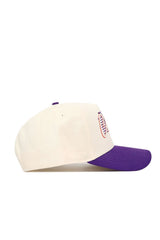 The Clemson Triangle Game Cap Hat by No Rivals is a white and purple baseball cap with a structured fit, made from high-quality cotton.
