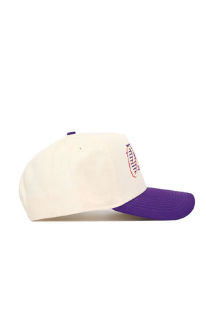 The Clemson Triangle Game Cap Hat by No Rivals is a white and purple baseball cap with a structured fit, made from high-quality cotton.