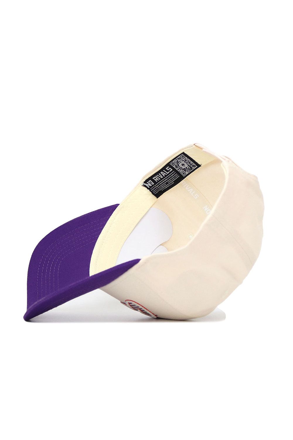 The No Rivals Clemson Triangle Game Cap Hat is shown upside down, highlighting its inside labels, stitching, structured fit, and high-quality cotton snapback design with a beige crown and purple brim.