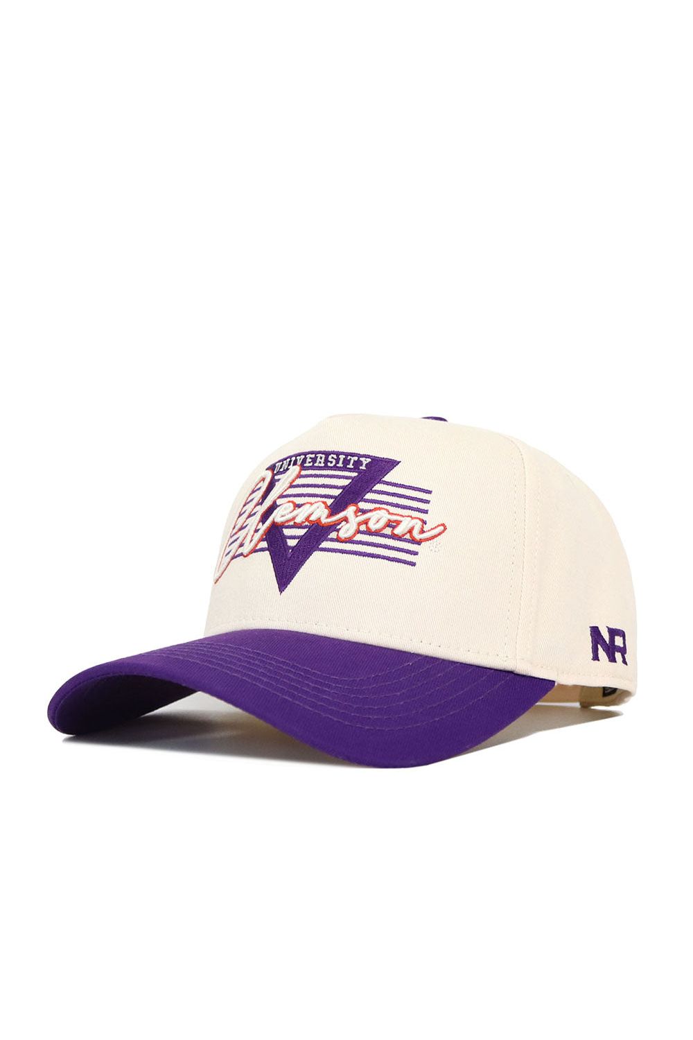 The No Rivals Clemson Triangle Game Cap Hat is a cream snapback with a structured fit and purple brim. It has a purple V-shaped graphic with "University" and "Pension" in white/orange, plus NR embroidered in purple on the side. High quality cotton.