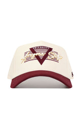 The No Rivals Arizona State Triangle Game Cap Hat is a cream snapback with a structured fit and maroon brim, made from quality cotton, and features "Arizona State University" embroidered in maroon and gold on the front.