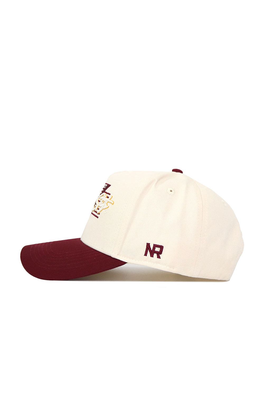 The No Rivals Arizona State Triangle Game Cap Hat features a cream snapback with maroon brim, an embroidered front logo, maroon "NR" on the side, and is crafted from high-quality cotton for a structured fit and lasting comfort.