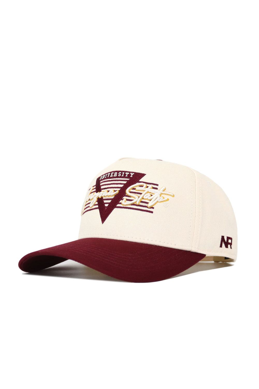 The No Rivals Arizona State Triangle Game Cap Hat is a structured cream and maroon snapback featuring "University" and "Vegan State" with a large V embroidered on the front, a maroon brim, and NR branding on the left side.