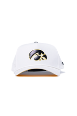 The No Rivals Iowa Gameday Hat is a white snapback baseball cap with a black and gold Iowa Hawkeyes logo on the front, officially licensed for the perfect fit, shown against a plain background.