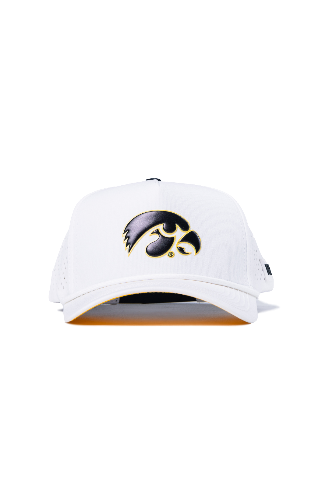 The No Rivals Iowa Gameday Hat is a white snapback baseball cap with a black and gold Iowa Hawkeyes logo on the front, officially licensed for the perfect fit, shown against a plain background.