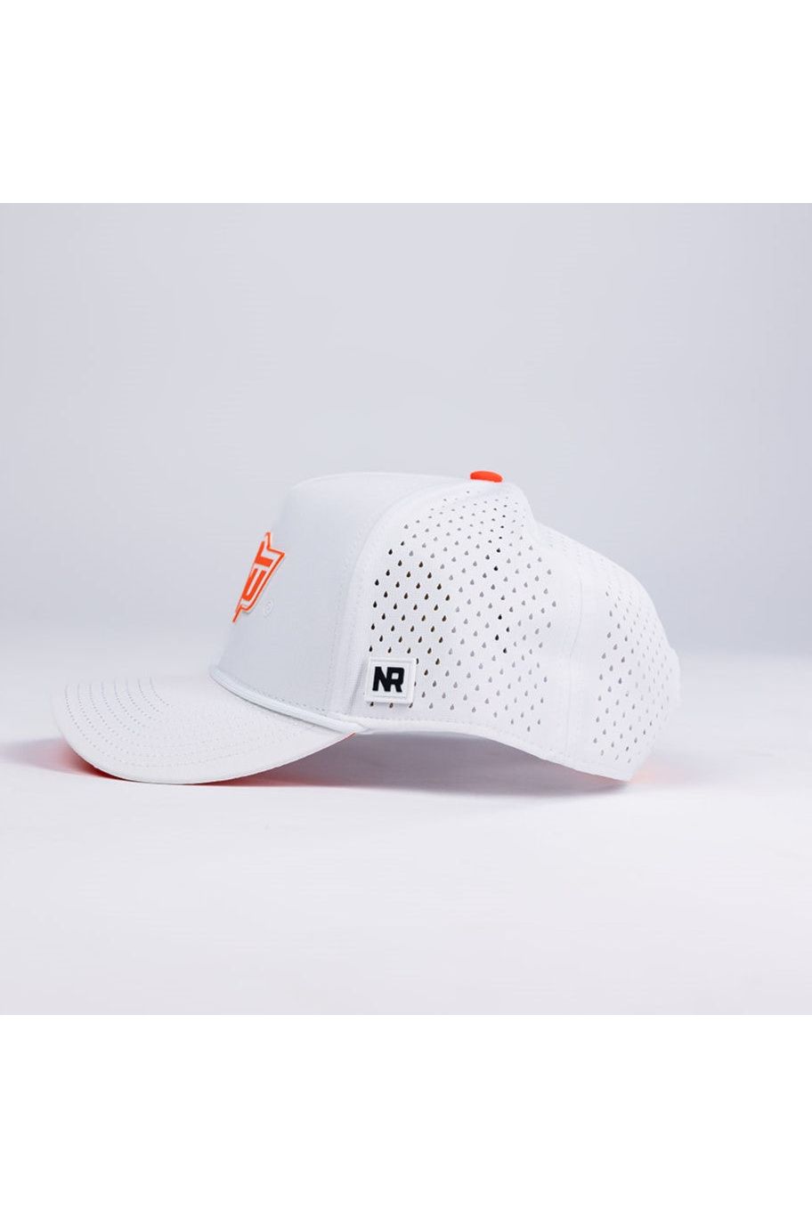 The No Rivals OSU Gameday Hat is a white baseball cap with perforated sides, an orange front logo, and an NR side patch. It features a Snap Back Adjustment for a perfect fit and is shown on a plain white background.