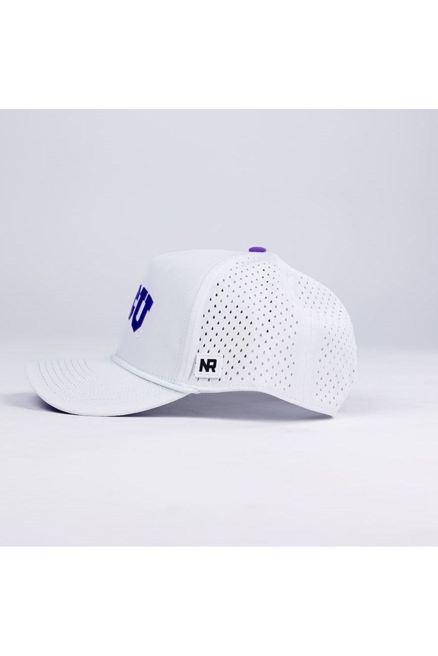 The No Rivals TCU Gameday Hat is a white mesh baseball cap with small perforations on the back and sides, a curved brim, structured fit, and a small rectangular NR logo tag above the brim. The snapback is set against a plain light background.