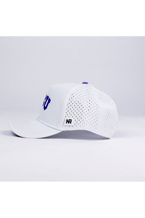The No Rivals TCU Gameday Hat is a white mesh baseball cap with small perforations on the back and sides, a curved brim, structured fit, and a small rectangular NR logo tag above the brim. The snapback is set against a plain light background.