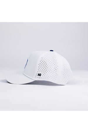 The Rice Gameday Hat by No Rivals is a white snapback baseball cap with side and back ventilation holes, a flat brim, and an NR logo tag—ideal for your gameday fit. Side view shown.