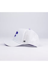 The No Rivals Kansas State Gameday Hat is shown in white with a perforated, structured fit. It features a purple design on the front and an NR logo tag on the brim, photographed from the side against a plain white background.