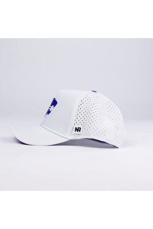 The No Rivals Kansas State Gameday Hat is shown in white with a perforated, structured fit. It features a purple design on the front and an NR logo tag on the brim, photographed from the side against a plain white background.