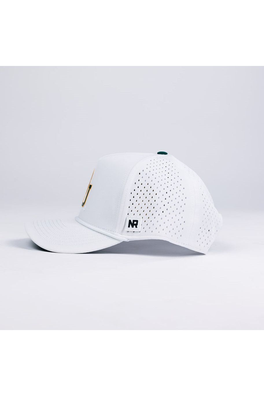 The Baylor Gameday Hat by No Rivals features a white design with a curved brim, mesh side panels, and a black NR logo patch—ideal for your gameday outfit.