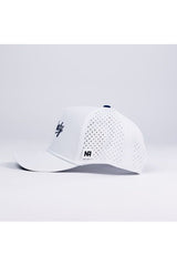 The No Rivals Liberty Gameday Hat is a white mesh snapback baseball cap with a curved brim, side ventilation holes, and an NR logo tag on the side. Shown on a plain white background from the side view.