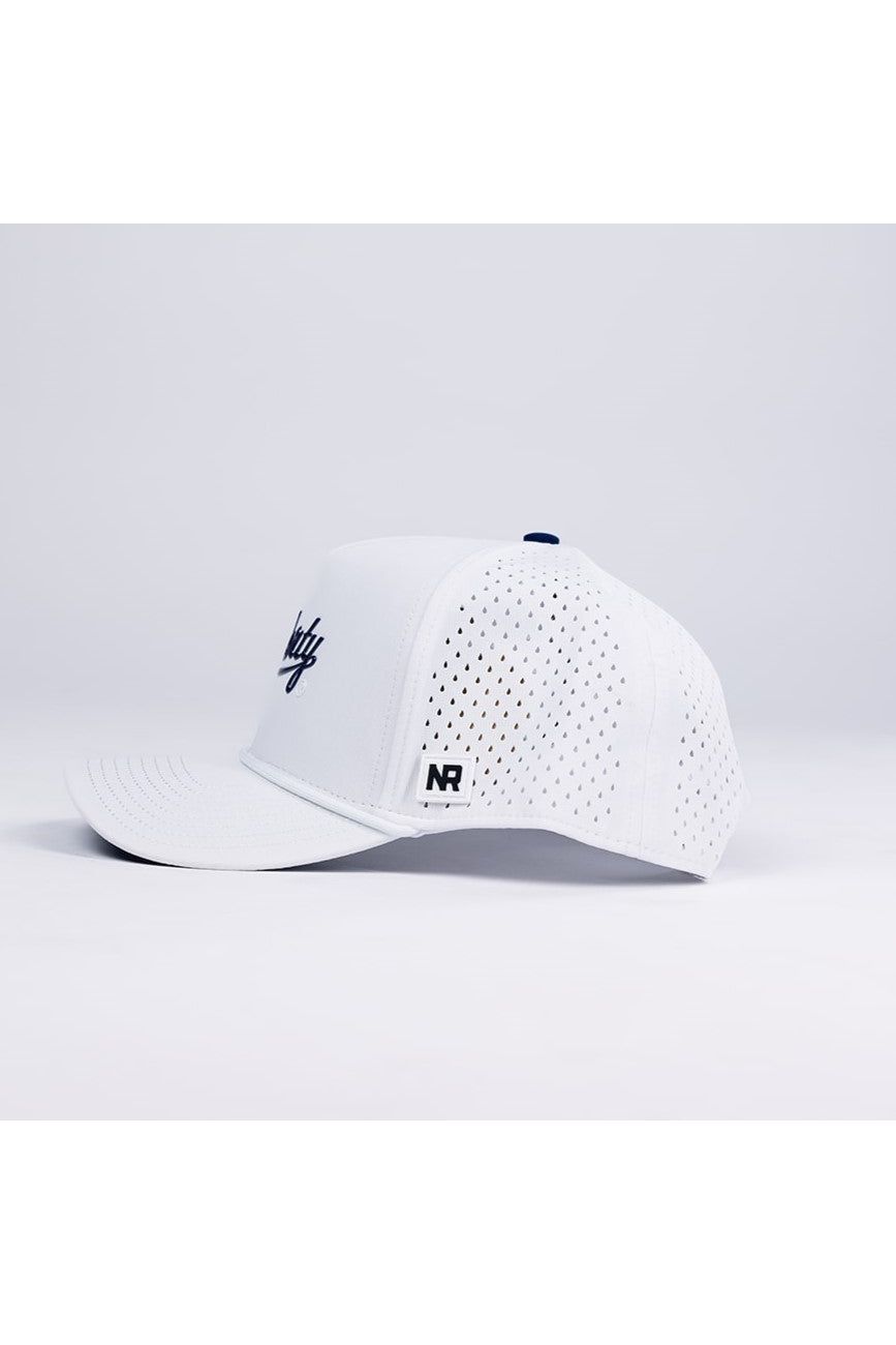 The No Rivals Liberty Gameday Hat is a white mesh snapback baseball cap with a curved brim, side ventilation holes, and an NR logo tag on the side. Shown on a plain white background from the side view.