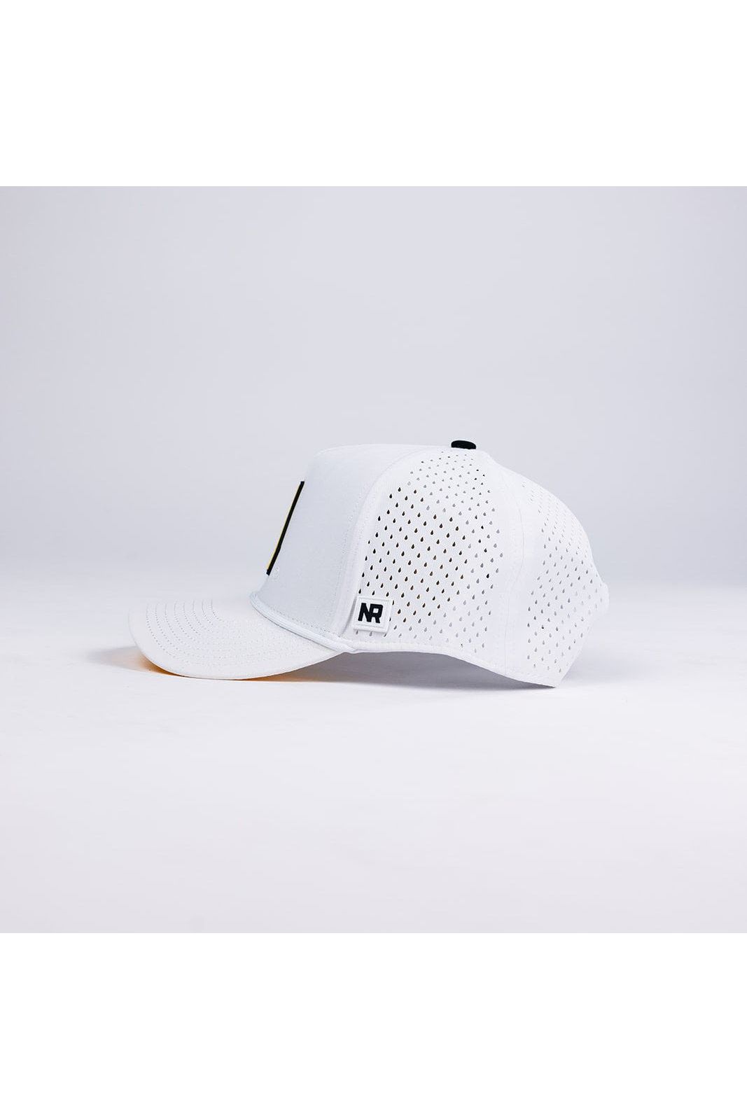 A white perforated Appalachian State Gameday Hat by No Rivals is shown in side view on a plain background, featuring a small black and white NR logo tag near the brim—an essential upgrade to your gameday fit.