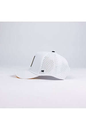 A white perforated Appalachian State Gameday Hat by No Rivals is shown in side view on a plain background, featuring a small black and white NR logo tag near the brim—an essential upgrade to your gameday fit.