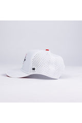 The No Rivals San Diego State Gameday Hat is a white perforated baseball cap with a flat bill, red top button, NR logo patch near the brim, and snapback closure. Shown from the side on a plain, light background.