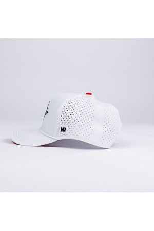 The No Rivals San Diego State Gameday Hat is a white perforated baseball cap with a flat bill, red top button, NR logo patch near the brim, and snapback closure. Shown from the side on a plain, light background.
